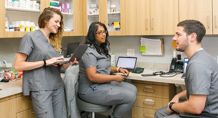 Three Bond Vet Veterinary employees working in the exam room